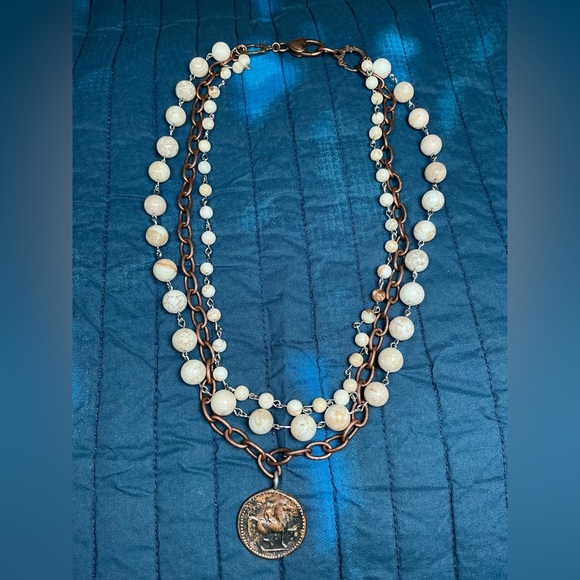 Triple Layer Necklace with Vintage Greek Coin and Rustic Howlite Beads - 17” - Picture 8 of 12